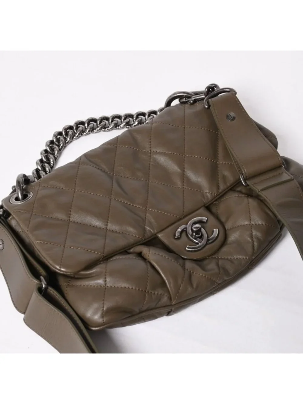 Chanel 2-Way Bag CC Logo Lambskin Quilted Olive Antique Silver